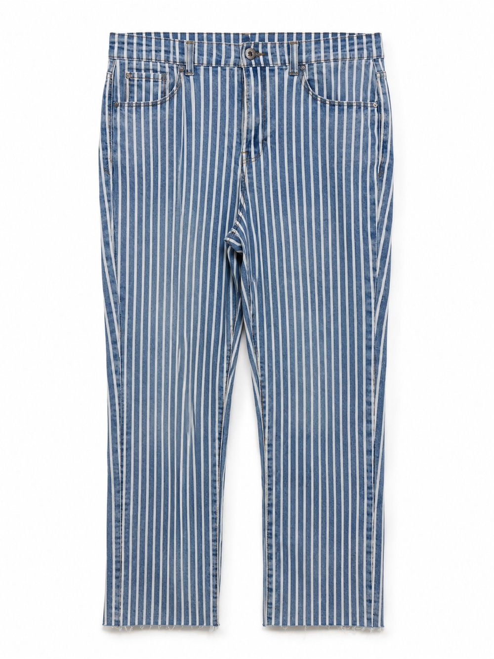 Kensie Vertical Stripe Blue and White Straight-Leg Jeans